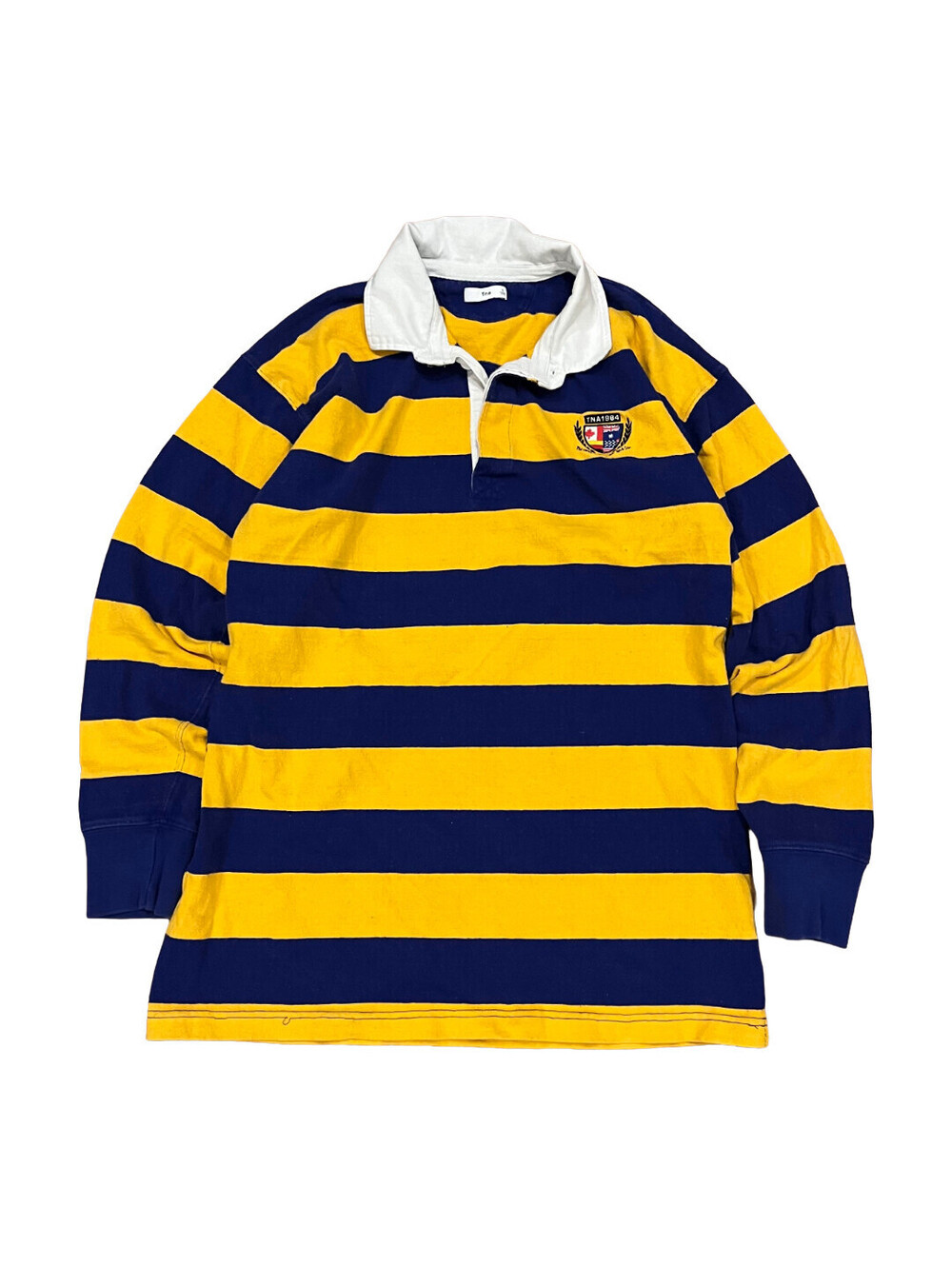 TNA By Aritzia Polo Rugby Shirt Size Large Navy Yellow Stripe